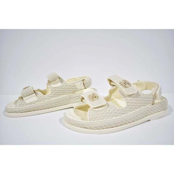 Chanel 22S Ivory White Knit CC Logo Mule Slide Strap Flat Dad Teva Sandal 37.5 - Picture 9 of 11